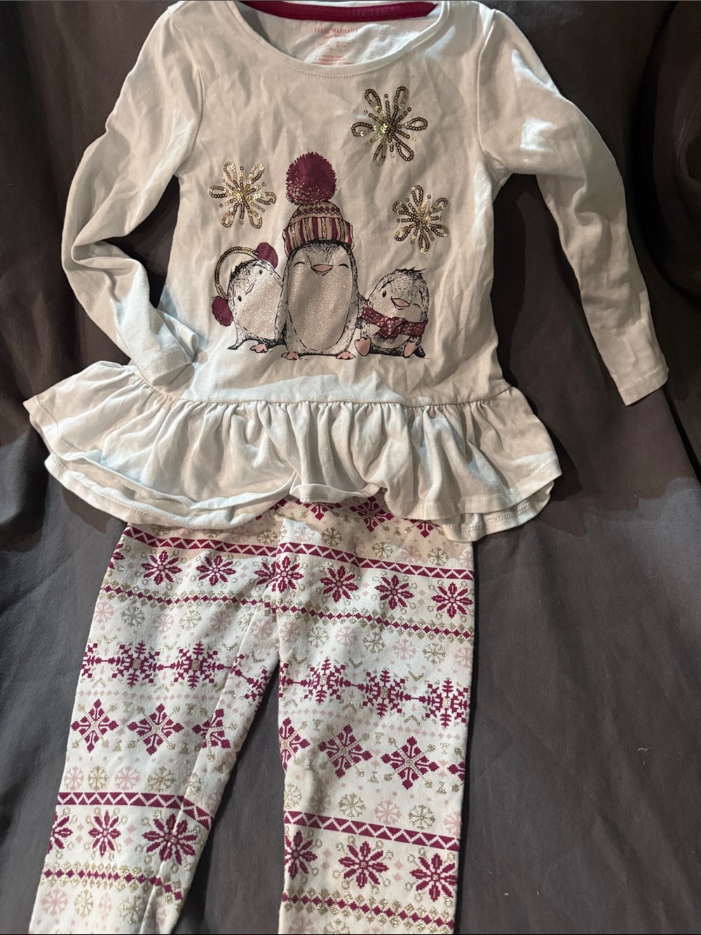 Girls White and Berry Penguin Ruffle Set